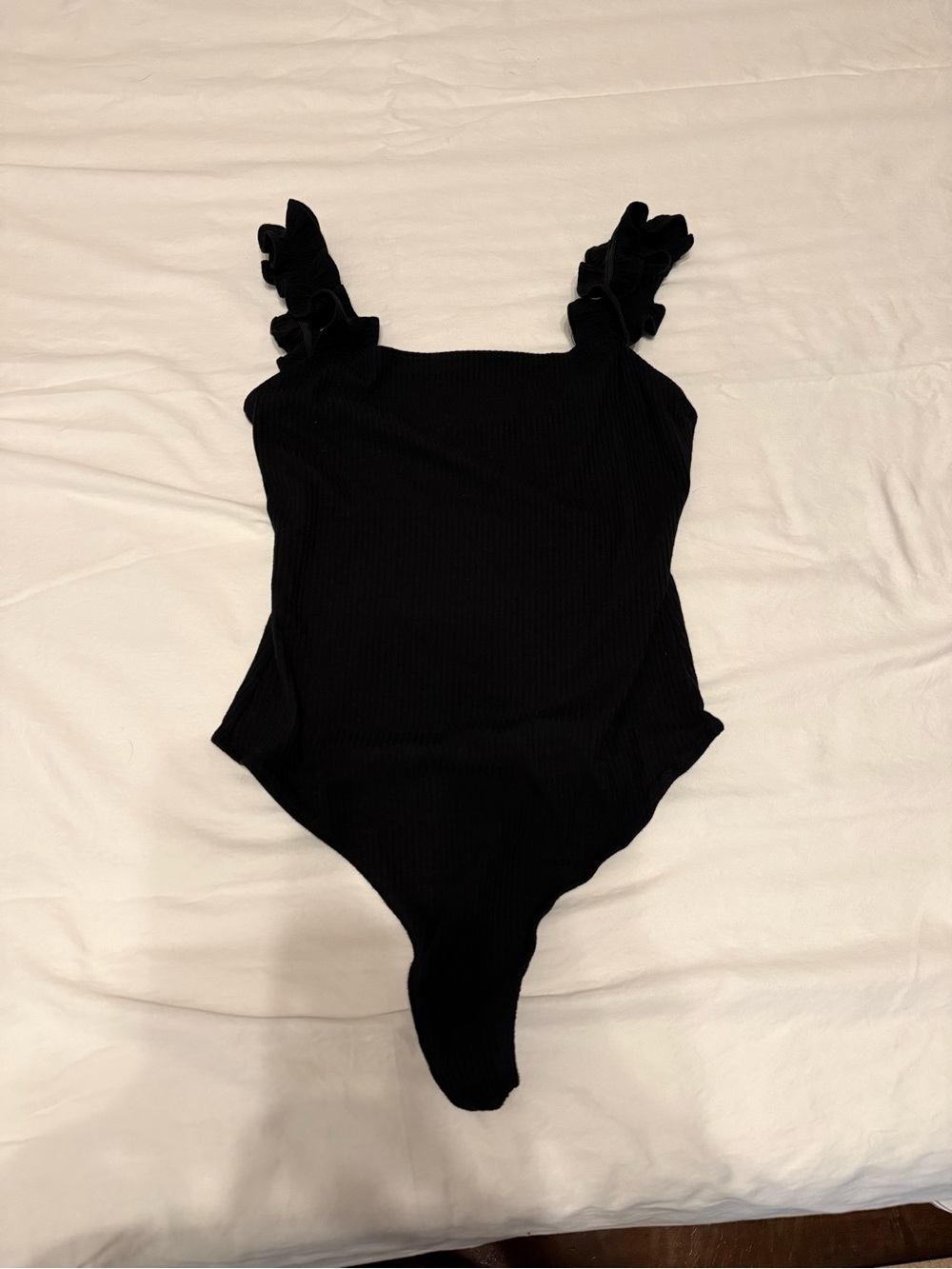 Elodie Black Ruffle Strap Ribbed Bodysuit